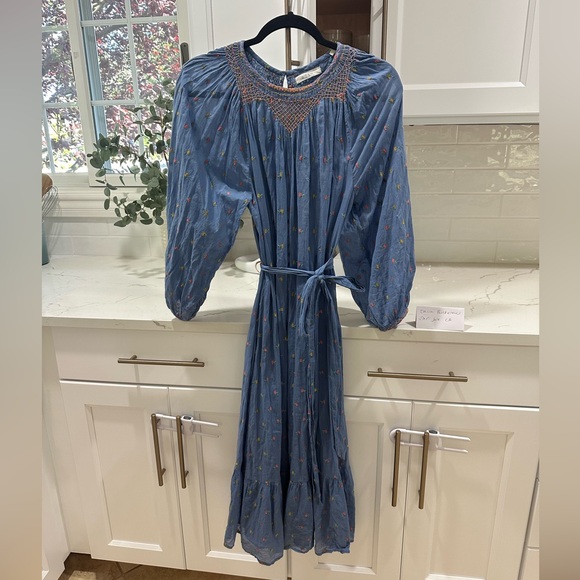 Doen Maya Cotton Midi Dress Blue Floral Embroidered xs extra small - Picture 3 of 6